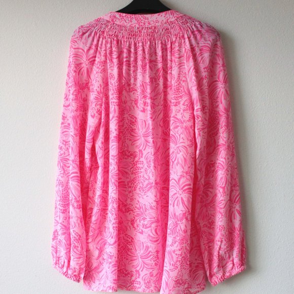 Lilly Pulitzer $178 Elsa Silk Top, Pink Blossom Foxy Llama, Size L - Picture 5 of 5